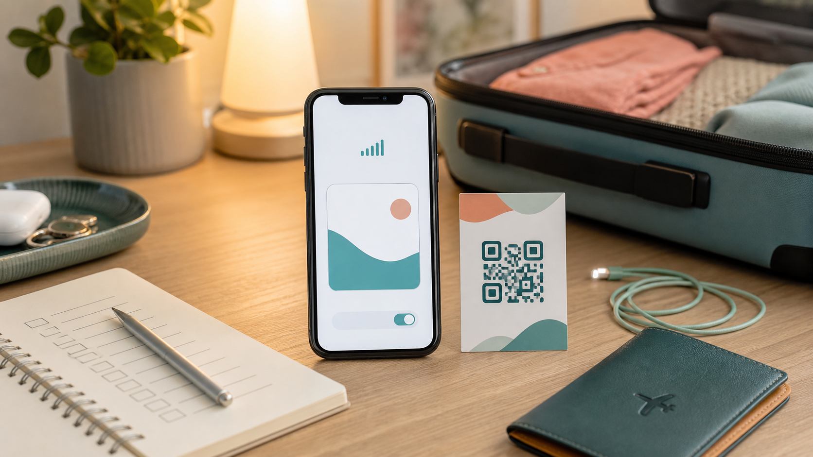 出發前的桌面上，手機旁有 eSIM 啟用卡與打包中的行李箱