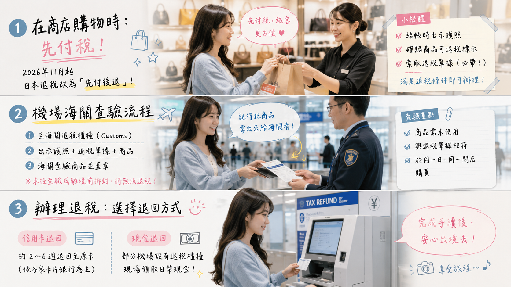 2026 日本退稅新制店內先付稅與機場海關查驗流程圖