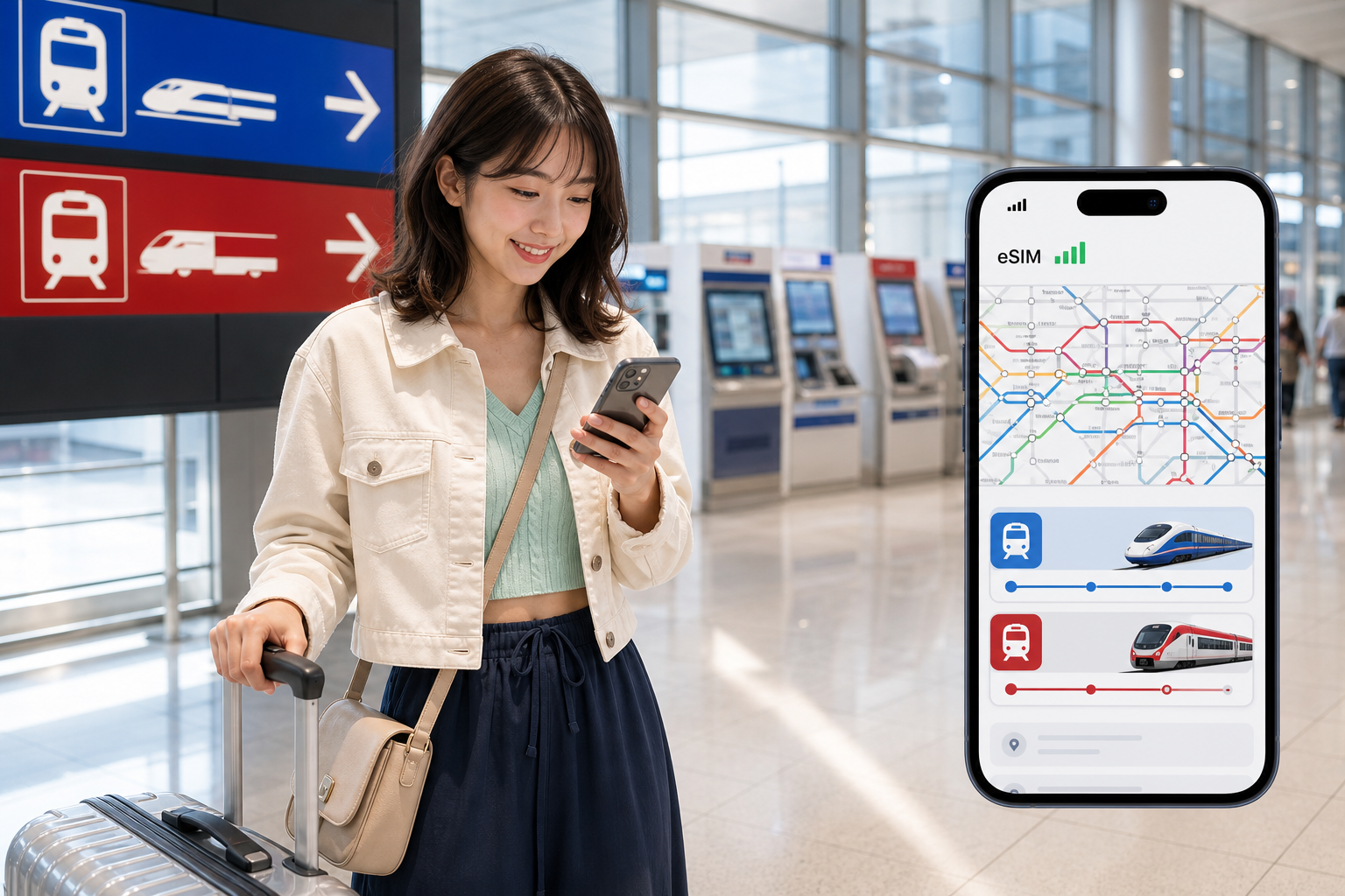旅人在成田機場抵達大廳用手機比較前往東京市中心的交通方式