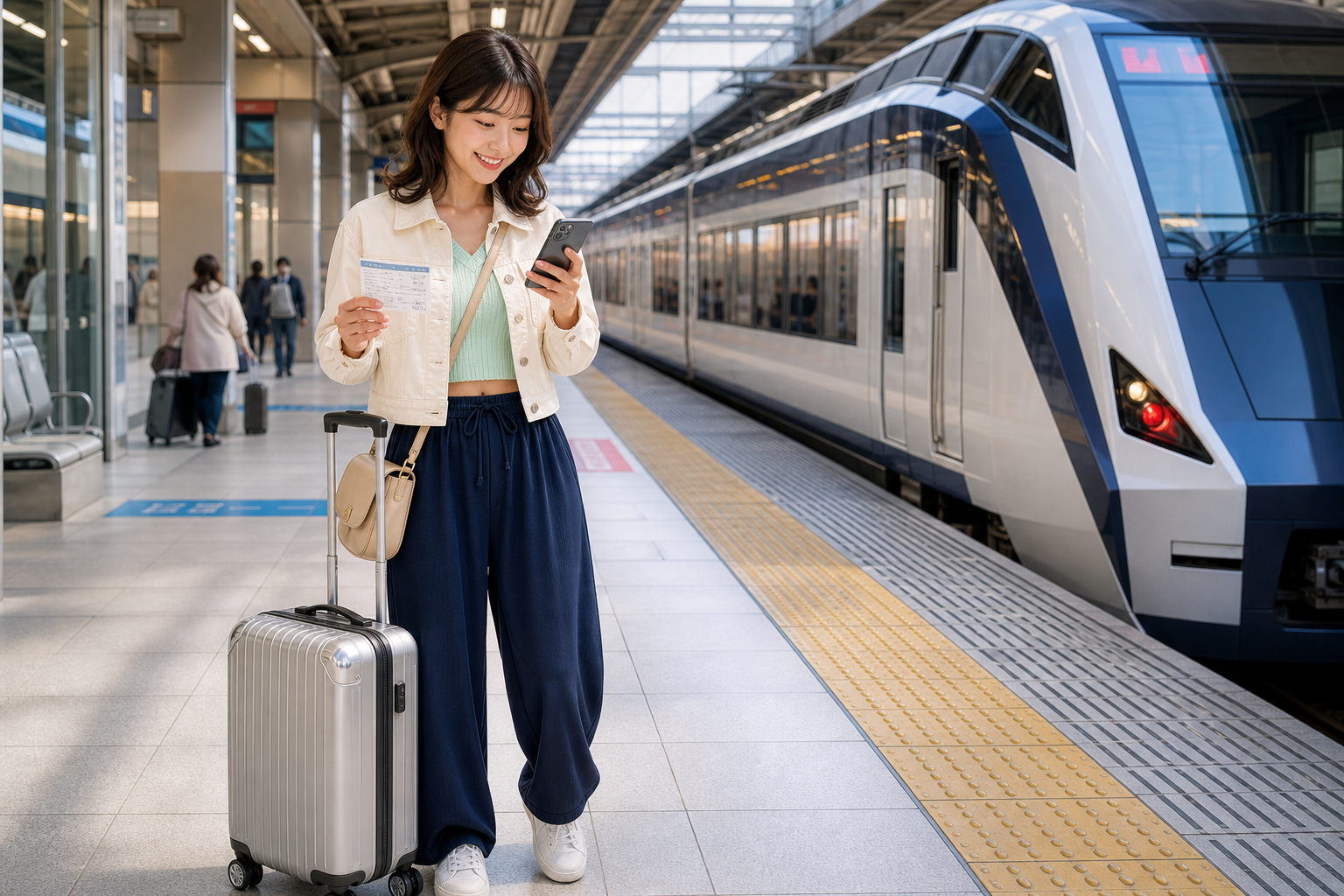 旅人在成田機場月台拿著車票與手機準備搭乘機場特急列車