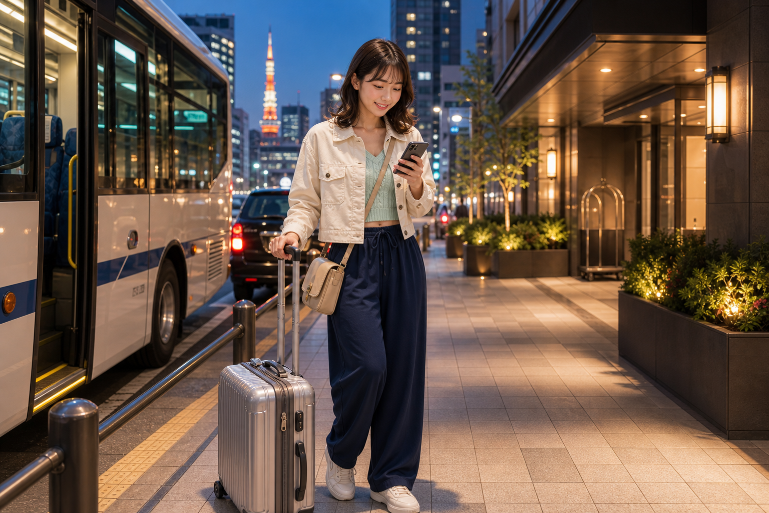 旅人傍晚抵達東京飯店前從機場巴士下車並查看手機上的飯店地址