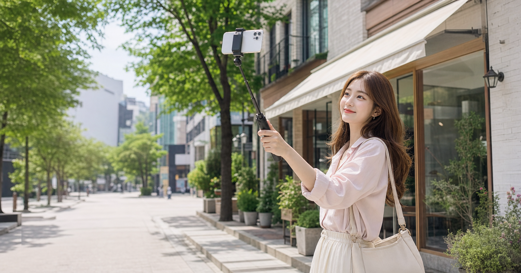 韓系旅人在街景中以安全距離使用自拍棒